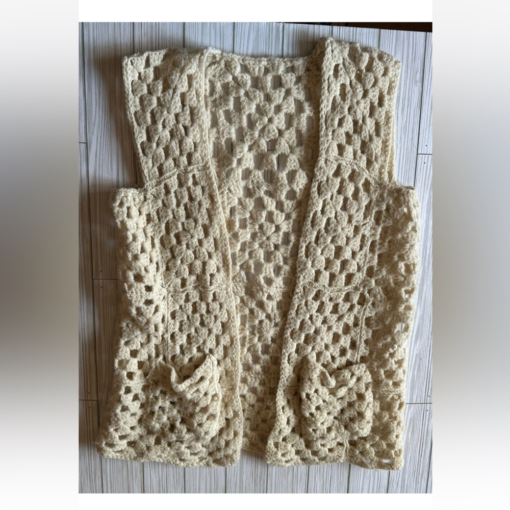 Crochet Womens Cream Festival Boho Hippie Granny Afghan Handmade Open Front Vest